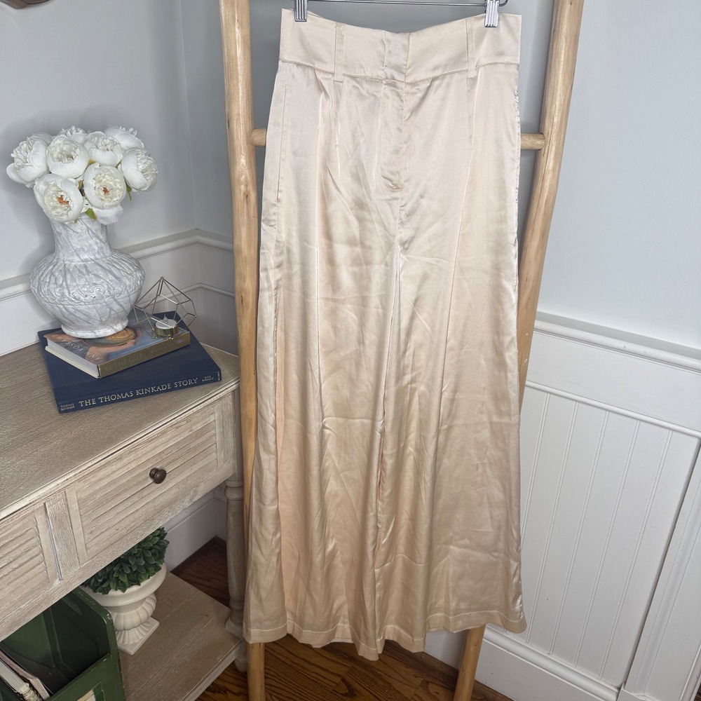 SHUG Hallie Pant Champagne Satin Wide Leg High Waist Trousers Small NEW